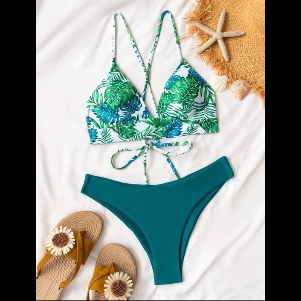 Tropical‎ criss cross tie back bikini swimsuit